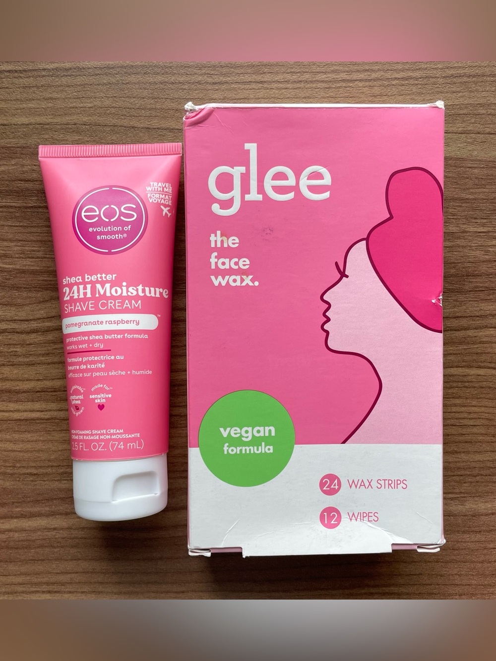 NWT 2pc eos Shave Cream & Glee Vegan Face Wax Strips Kit Set Pink